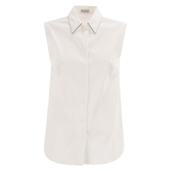 26SS 브루넬로 쿠치넬리 샤이니 트리밍 스트레치 코튼 포플린 슬리브리스 셔츠 M0091MA616 WHITE