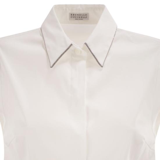 26SS 브루넬로 쿠치넬리 샤이니 트리밍 스트레치 코튼 포플린 슬리브리스 셔츠 M0091MA616 WHITE - BRUNELLO CUCINELLI