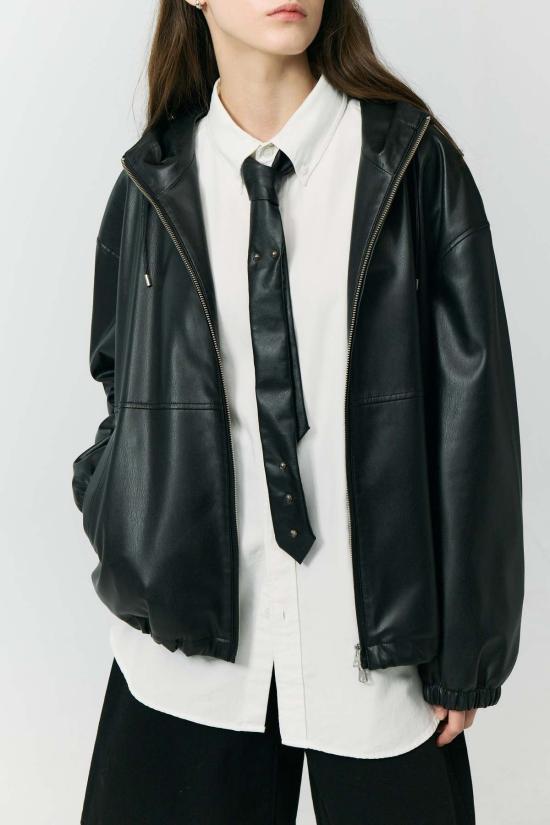  던스트 가죽 자켓 유니섹스 비건 가죽 윈드브레이커 재킷 블랙