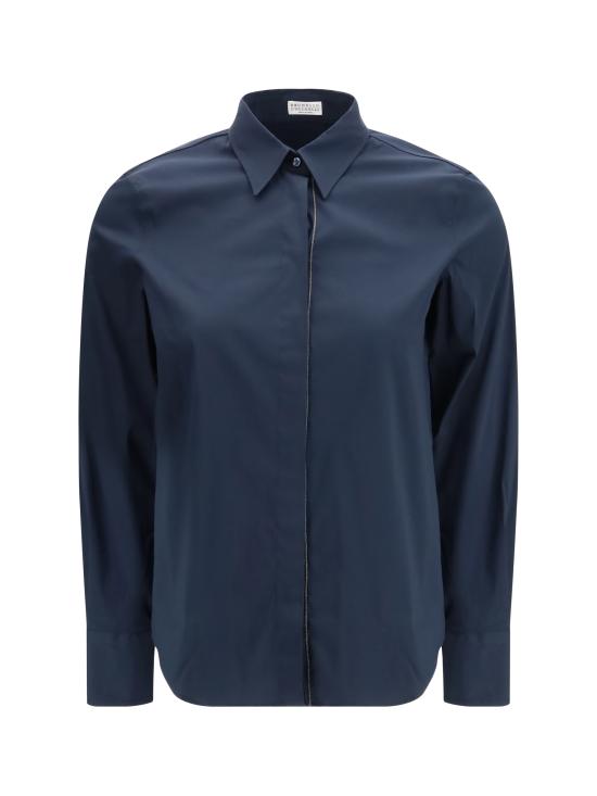 26SS 브루넬로 쿠치넬리 스트레치 코튼 포플린 샤이니 트림 셔츠 M0091MA626 C4224 BLUE