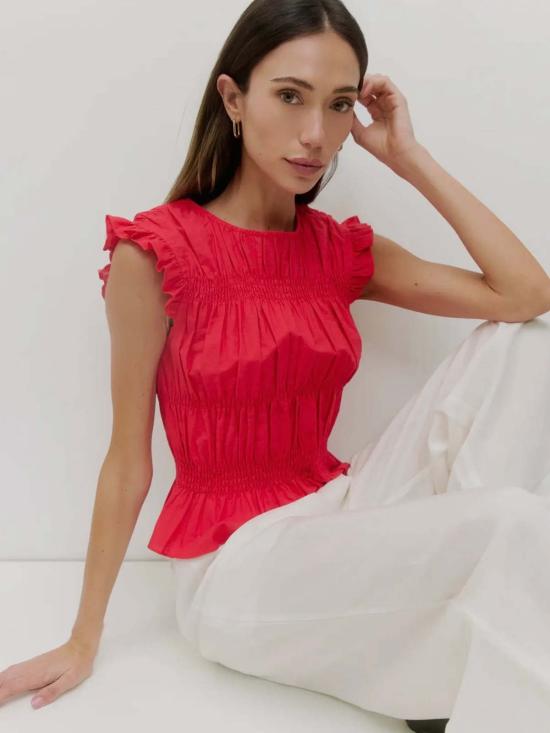  아잘레아 블라우스 아잘리아 제인 스모크드 러플 탑 레드 - AZALEA
