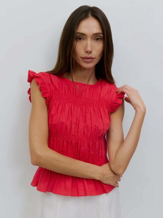  아잘레아 블라우스 아잘리아 제인 스모크드 러플 탑 레드