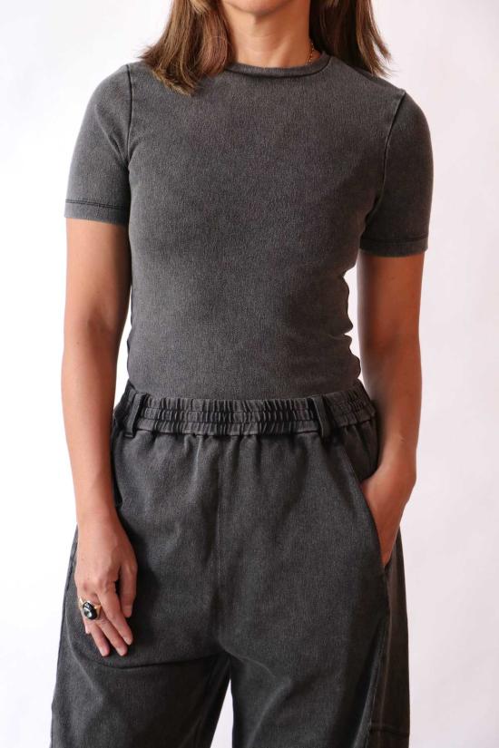  티비 반팔 티셔츠 스트레치 데님 베이비 티셔츠 블랙