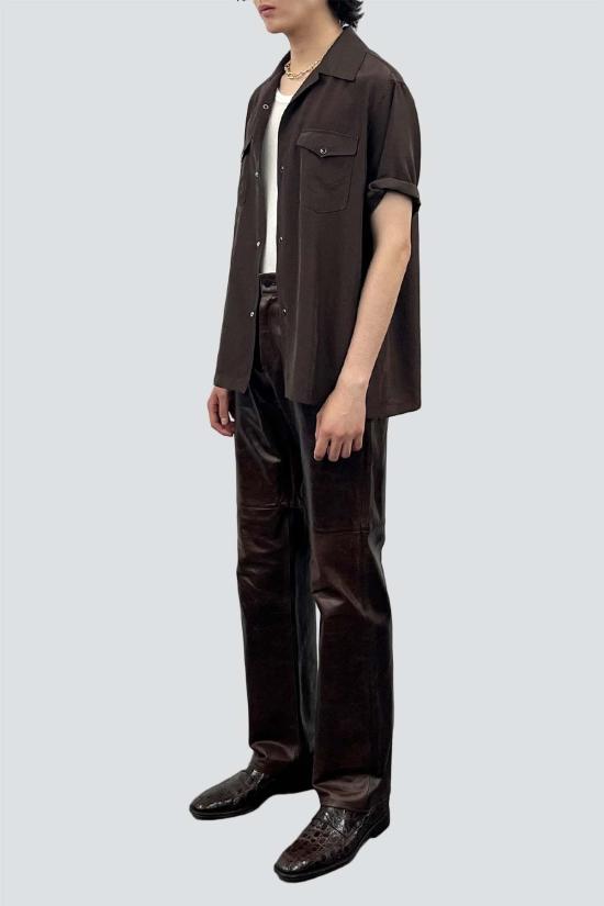  토니웩 반팔 셔츠 토니왁 브라운 워시드 레이온 펄 스냅 - TONYWACK