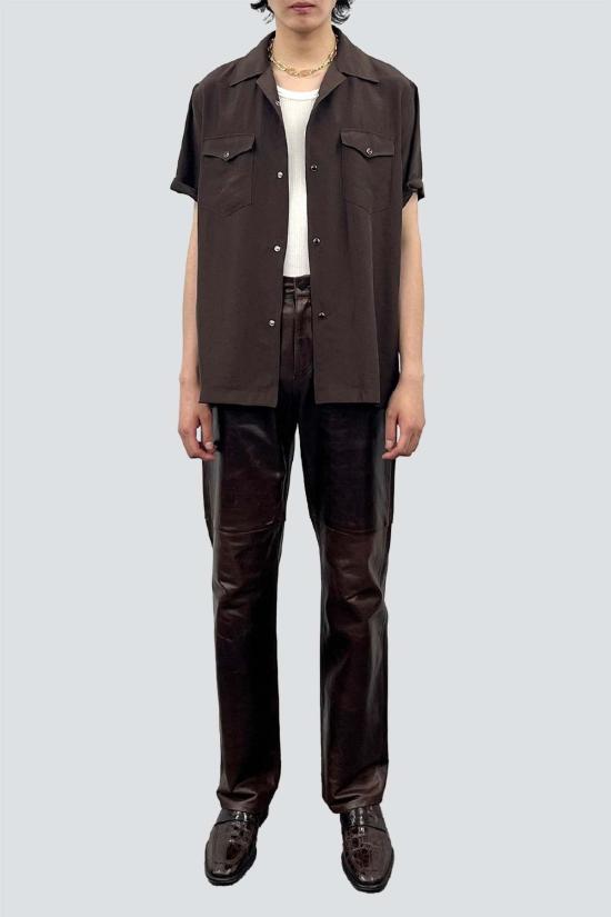  토니웩 반팔 셔츠 토니왁 브라운 워시드 레이온 펄 스냅 - TONYWACK