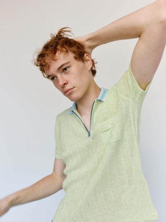  마르니 폴로 티셔츠 Marni 애시드 그린 코튼 린넨 부클레 폴로 셔츠