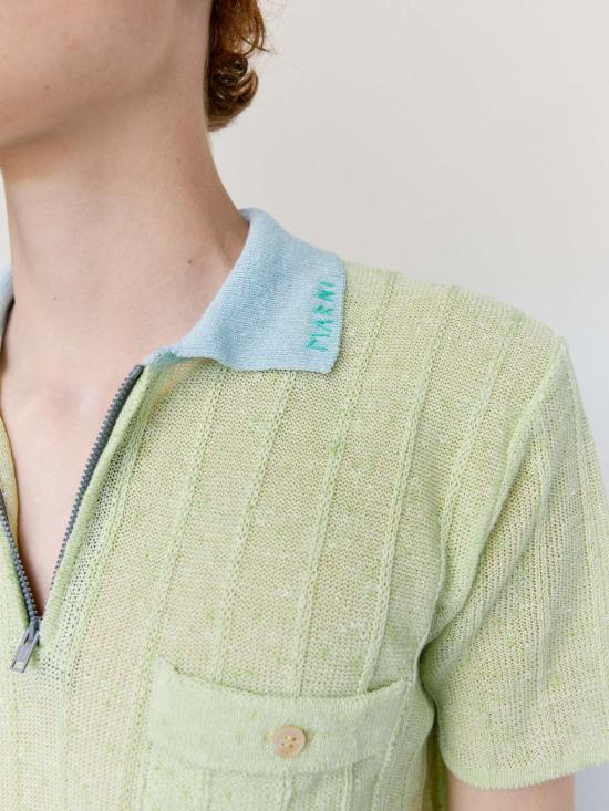  마르니 폴로 티셔츠 Marni 애시드 그린 코튼 린넨 부클레 폴로 셔츠 - MARNI