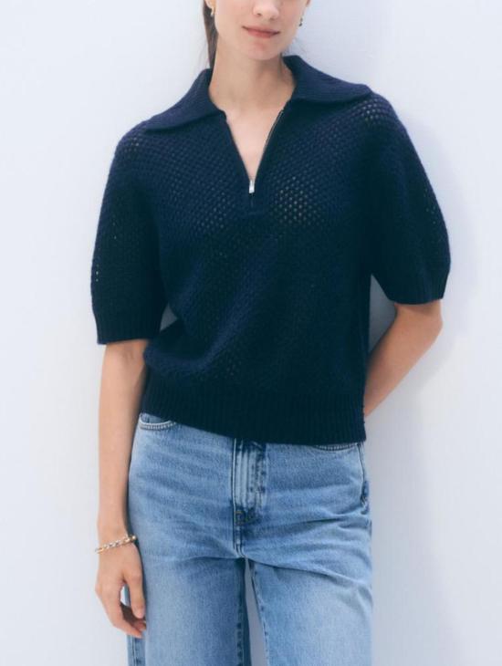  화이트 워렌 스웨터 화이트 + 워렌 캐시미어 메쉬 폴로 딥 네이비