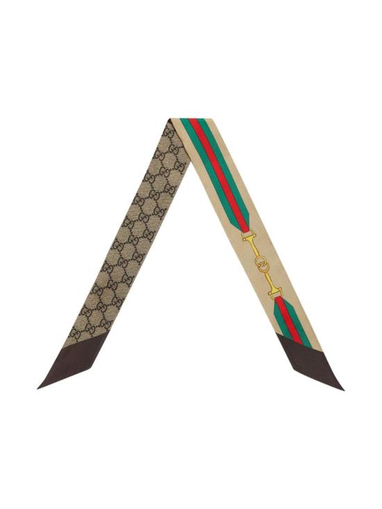 26SS 구찌 인터로킹 G 홀스빗 웹 프린트 실크 넥 보우 7569373G0012164 BROWN DOM - GUCCI