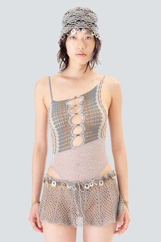  Ruibuilt 바디수트 티셔츠 루이빌트 마쉬 리플 니트 콤보 레오파드 메쉬 바디수트 그레이