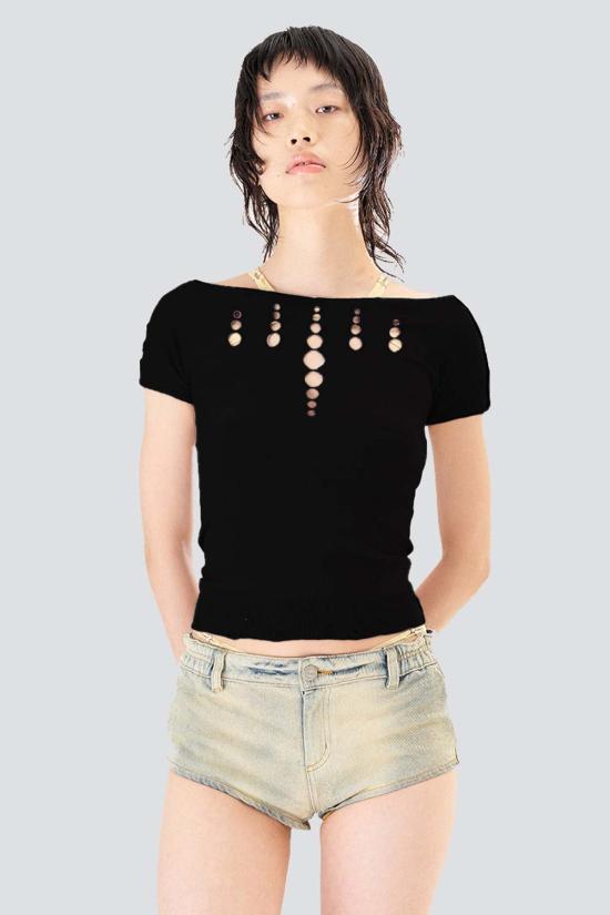  Ruibuilt 블라우스 루이빌트 오닉스 컷아웃 니트 셔츠