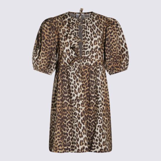 26SS 가니 프린티드 타이 스트링 포플린 미니 드레스 F9758943 Brown - GANNI