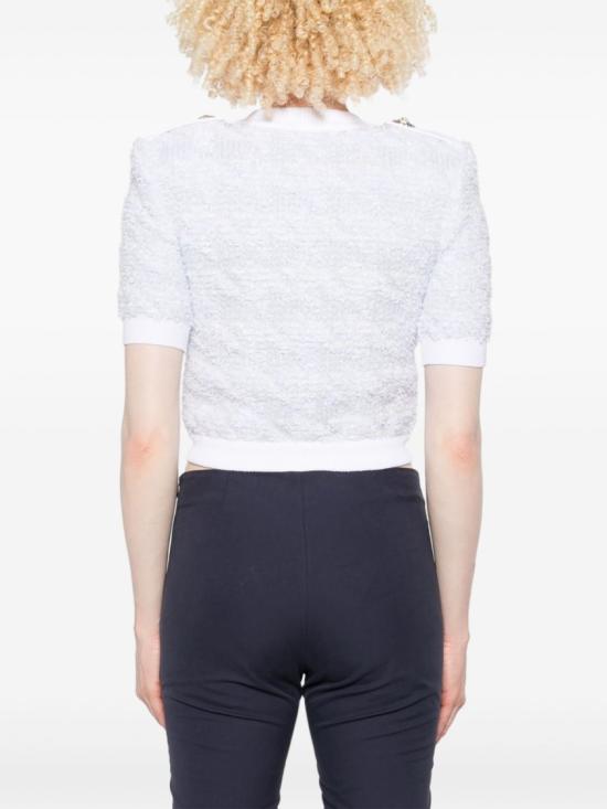 25FW 발망 숏슬리브 하운드투스 트위드 니트 가디건 FF1KL235KI72 SOM White - BALMAIN