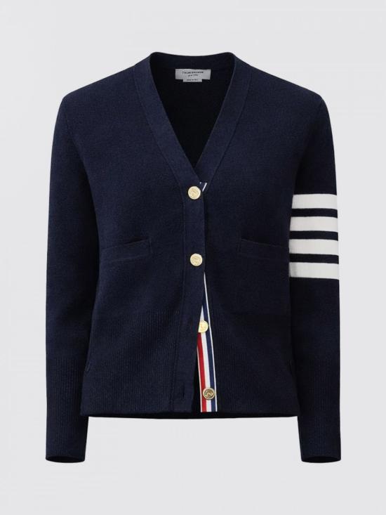 26SS 톰브라운 코튼 4바 밀라노 클래식 브이넥 가디건 FKC207A00219 415 Blue - THOM BROWNE