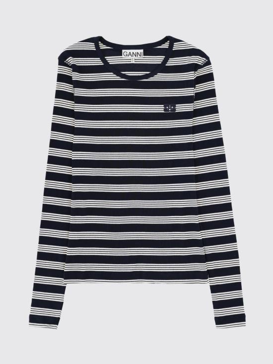 26SS 가니 스트라이프 리브 긴팔 티셔츠 A1050066 683 Blue - GANNI