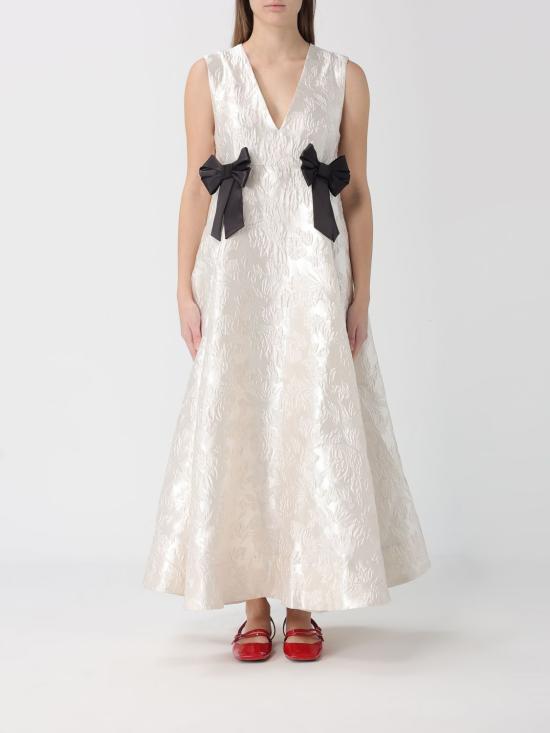 26SS 가니 새틴 클로케 보우 V넥 롱 드레스 A1030151 135 Gold