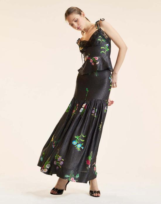  신시아 로리 롱 스커트 신시아 로울리 문라이트 쉬머 스커트 블랙 플로럴 - CYNTHIA ROWLEY