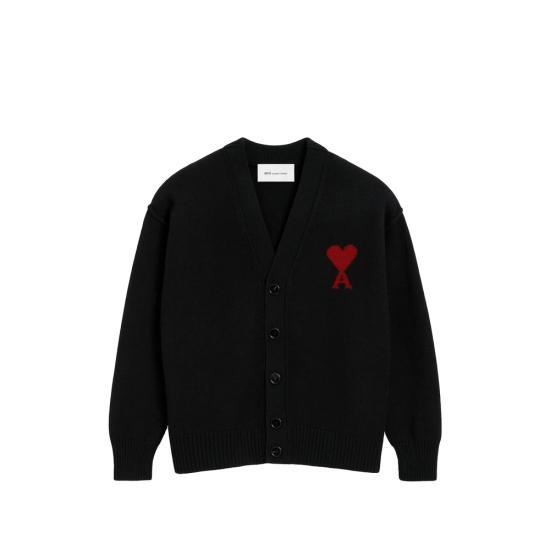 26SS 아미 하트 로고 인타르시아 V넥 가디건 UKC367 018 009 BLACK - AMI