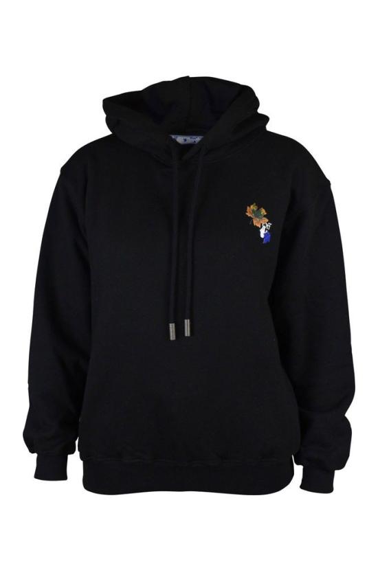  오프화이트 후드 티셔츠 나뭇잎 패턴 블랙 후드티 (로고 디테일 포함)