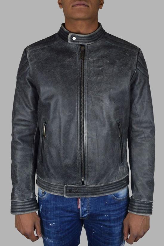  필립 플레인 자켓 빈티지풍 회색 가죽 바이커 재킷 - PHILIPP PLEIN