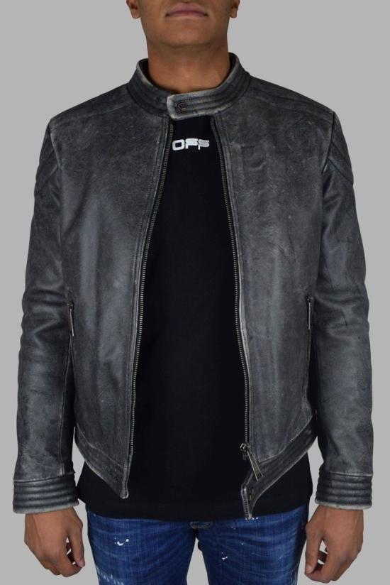  필립 플레인 자켓 빈티지풍 회색 가죽 바이커 재킷 - PHILIPP PLEIN