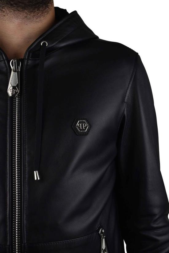  필립 플레인 자켓 매끄러운 블랙 가죽 후드 재킷 - PHILIPP PLEIN
