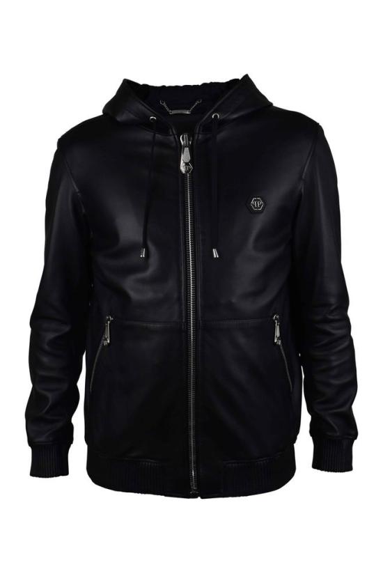  필립 플레인 자켓 매끄러운 블랙 가죽 후드 재킷