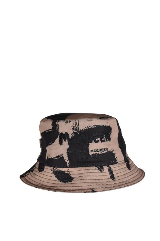  알렉산더 맥퀸 모자 베이지색과 검은색 그래피티 프린트 밥햇 - ALEXANDER MCQUEEN