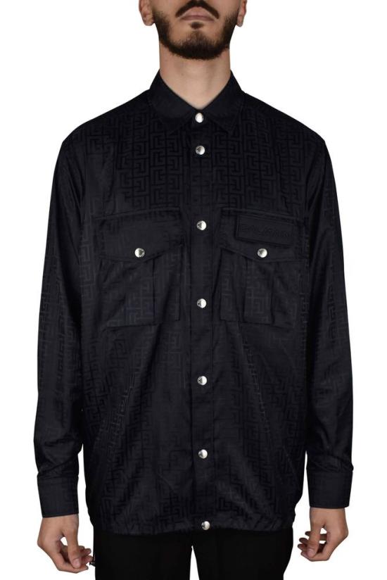  발망 데님 셔츠 모노그램 패턴이 있는 블랙 오버사이즈 나일론 셔츠 - BALMAIN