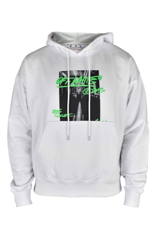  오프화이트 후드 티셔츠 그래픽 프린트가 있는 오버사이즈 화이트 후드티