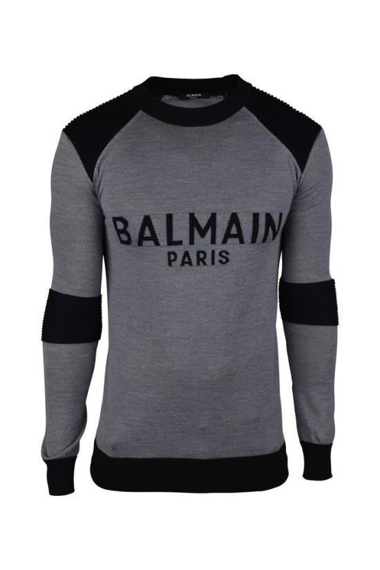  발망 스웨터 로고가 있는 회색 울 스웨터 (몸에 딱 맞는 핏)