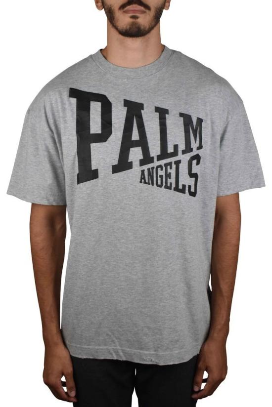  팜앤젤스 반팔 티셔츠 빈티지 감성이 담긴 회색 면 티셔츠, 갈라진 로고 디자인 - PALM ANGELS
