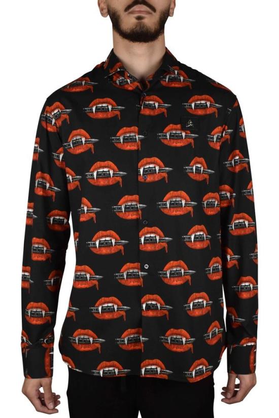  필립 플레인 긴팔 셔츠 뱀파이어 이빨 프린트가 있는 검은색 면 - PHILIPP PLEIN