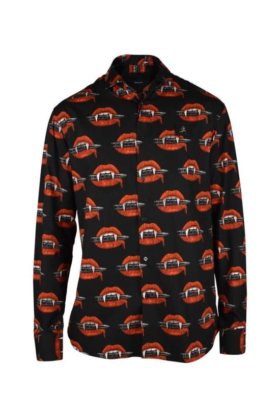  필립 플레인 긴팔 셔츠 뱀파이어 이빨 프린트가 있는 검은색 면