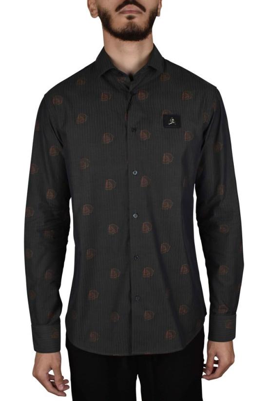  필립 플레인 긴팔 셔츠 해골 무늬가 있는 회색 면 스트라이프 - PHILIPP PLEIN