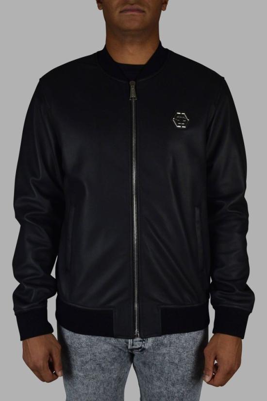  필립 플레인 봄버 자켓 골지 디테일이 있는 매끄러운 가죽 봄버 재킷 - PHILIPP PLEIN