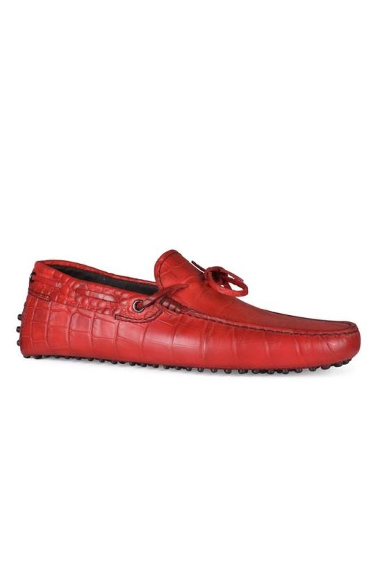  토즈 로퍼 레드 컬러의 악어 무늬 가죽 레이스업 - TODS