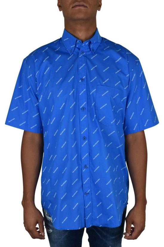  발렌시아가 반팔 셔츠 클래식 칼라가 있는 파란색 면 소재 모노그램 - BALENCIAGA