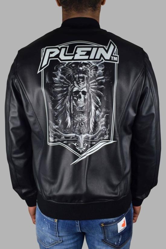  필립 플레인 자켓 해골 디자인이 있는 블랙 가죽 봄버 재킷 - PHILIPP PLEIN