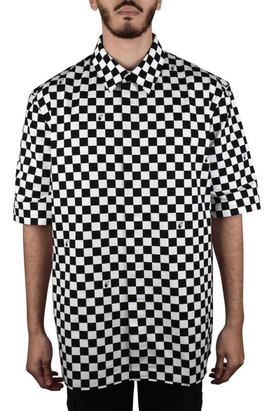  오프화이트 반팔 셔츠 체크무늬 패턴 면 - OFF WHITE