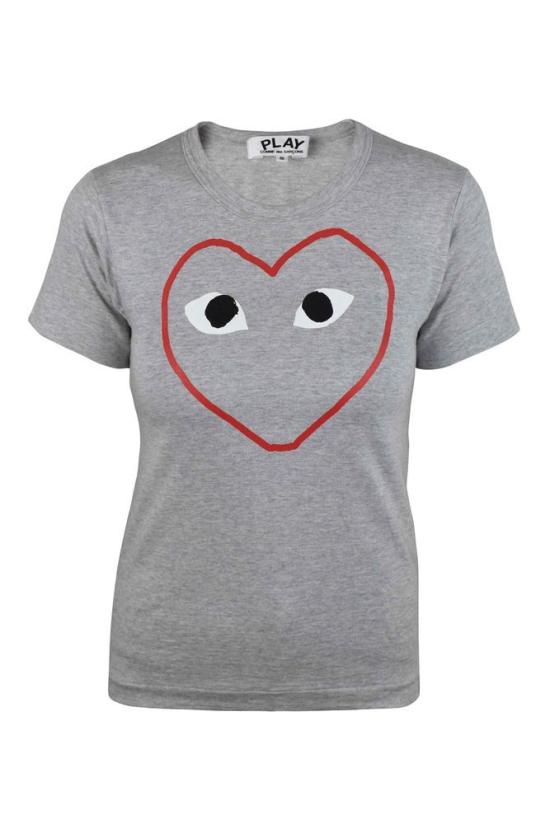  꼼데가르송 반팔 티셔츠 독특한 하트 엠블럼이 있는 회색 면 티셔츠