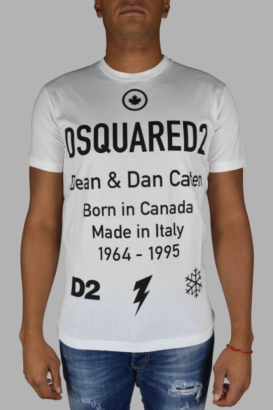  디스퀘어드2 반팔 티셔츠 그래픽 로고 디테일이 있는 흰색 면 티셔츠 - DSQUARED2