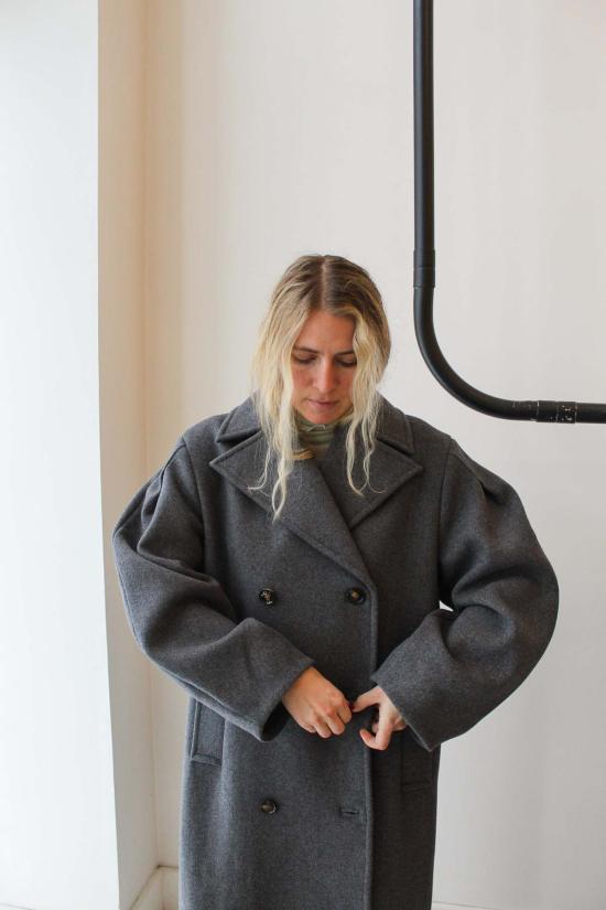  가니 트렌치 코트 울 오버사이즈 롱 피코트 퓨터 - GANNI