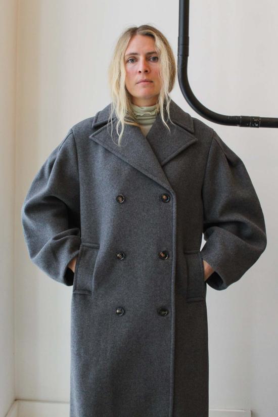  가니 트렌치 코트 울 오버사이즈 롱 피코트 퓨터 - GANNI