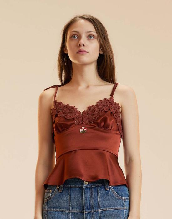  신시아 로리 민소매 티셔츠 신시아 로울리 가르보 레이스 슬립 탑 러스트 - CYNTHIA ROWLEY