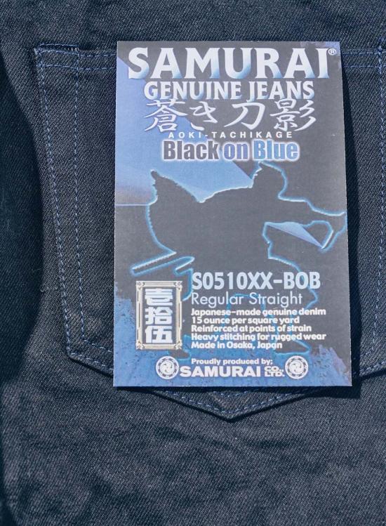  사무라이 진스 데님 팬츠 사무라이 진 아오키 타치카게 15온스 블랙 온 블루 레귤러 스트레이트 진 - SAMURAI JEANS