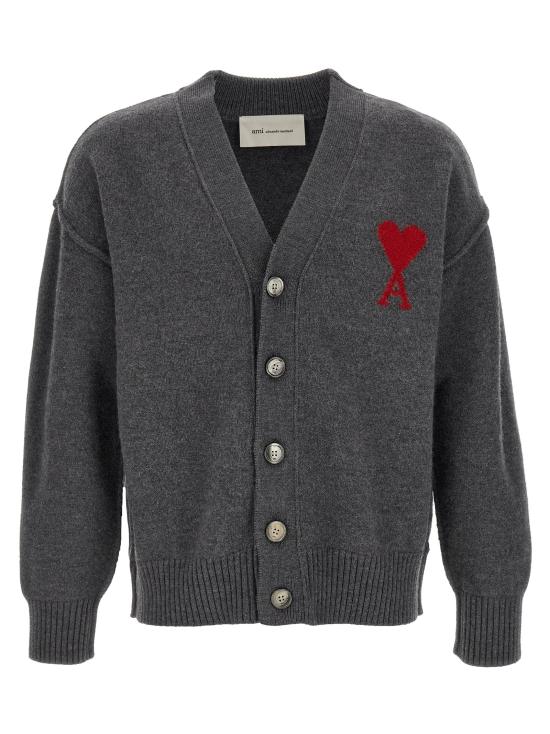 26SS 아미 하트 로고 인타르시아 V넥 가디건 UKC367018084 Gray