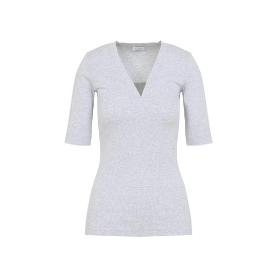 26SS 브루넬로 쿠치넬리 코튼 브이넥 티셔츠 M0TC8EL692 Silver