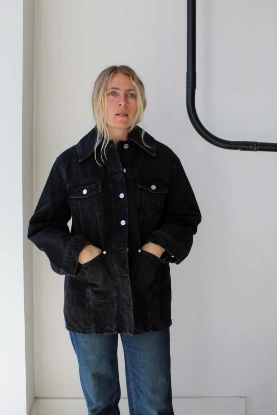  가니 데님 자켓 리지드 데님 미디 재킷 워시드 블랙 - GANNI