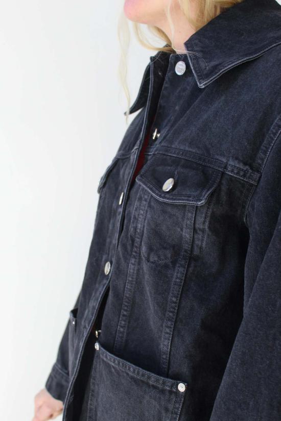  가니 데님 자켓 리지드 데님 미디 재킷 워시드 블랙 - GANNI